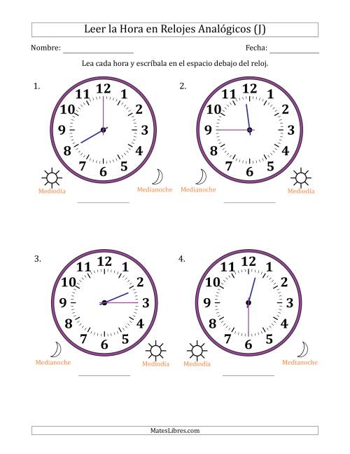 La hoja de ejercicios de Leer la Hora en Relojes Analógicos de 12 Horas en Intervalos de 15 Minuto (4 Relojes Grandes) (J)