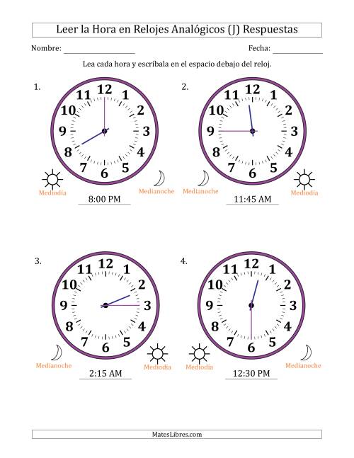 La hoja de ejercicios de Leer la Hora en Relojes Analógicos de 12 Horas en Intervalos de 15 Minuto (4 Relojes Grandes) (J) Página 2
