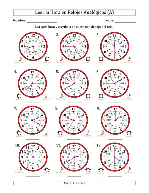 La hoja de ejercicios de Leer la Hora en Relojes Analógicos de 24 Horas en Intervalos de 15 Segundo (12 Relojes) (A)