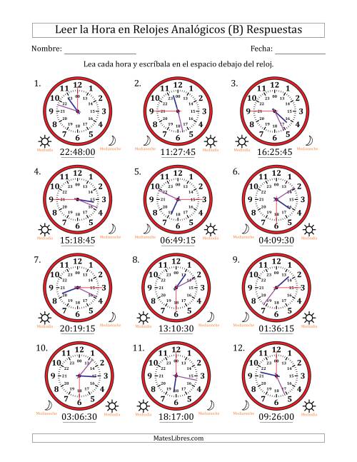 La hoja de ejercicios de Leer la Hora en Relojes Analógicos de 24 Horas en Intervalos de 15 Segundo (12 Relojes) (B) Página 2