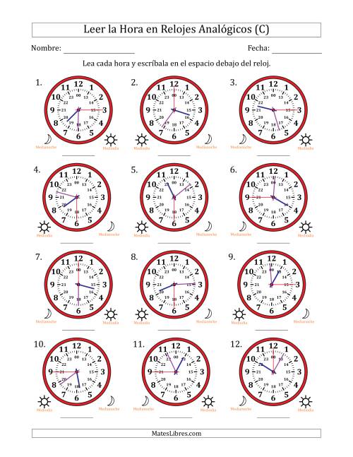 La hoja de ejercicios de Leer la Hora en Relojes Analógicos de 24 Horas en Intervalos de 15 Segundo (12 Relojes) (C)