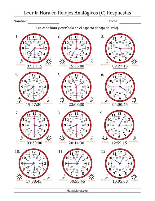 La hoja de ejercicios de Leer la Hora en Relojes Analógicos de 24 Horas en Intervalos de 15 Segundo (12 Relojes) (C) Página 2