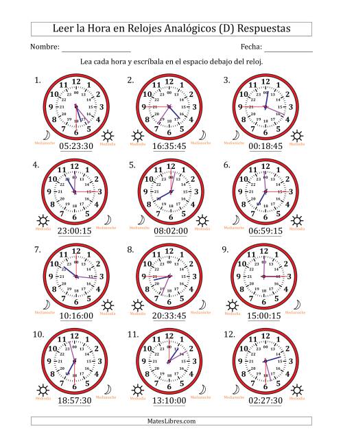 La hoja de ejercicios de Leer la Hora en Relojes Analógicos de 24 Horas en Intervalos de 15 Segundo (12 Relojes) (D) Página 2