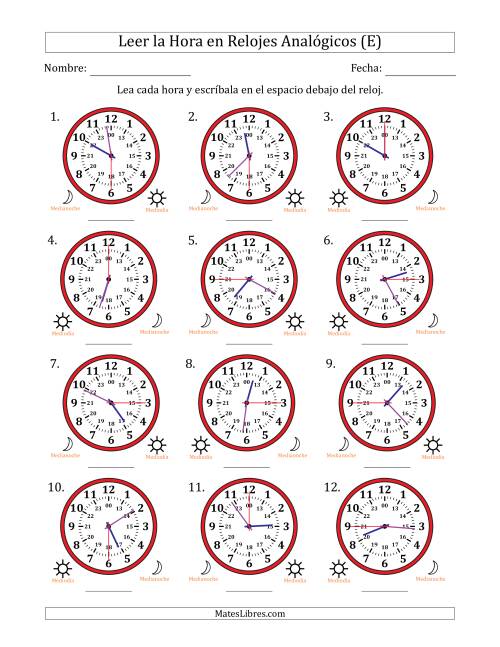 La hoja de ejercicios de Leer la Hora en Relojes Analógicos de 24 Horas en Intervalos de 15 Segundo (12 Relojes) (E)