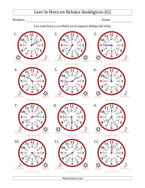 La hoja de ejercicios de Leer la Hora en Relojes Analógicos de 24 Horas en Intervalos de 15 Segundo (12 Relojes) (G)