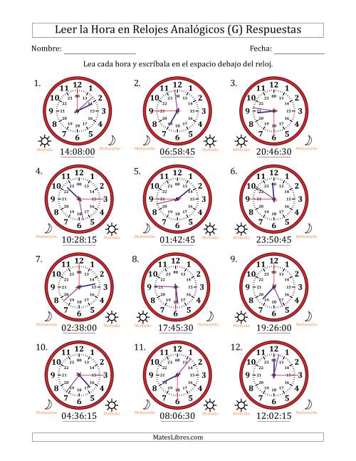La hoja de ejercicios de Leer la Hora en Relojes Analógicos de 24 Horas en Intervalos de 15 Segundo (12 Relojes) (G) Página 2