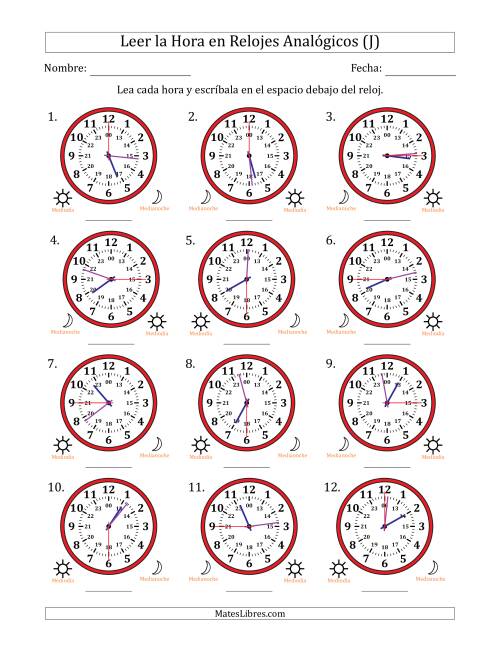 La hoja de ejercicios de Leer la Hora en Relojes Analógicos de 24 Horas en Intervalos de 15 Segundo (12 Relojes) (J)