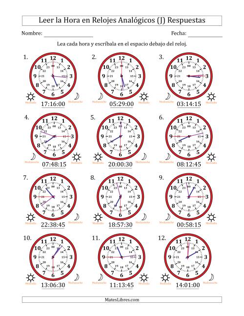 La hoja de ejercicios de Leer la Hora en Relojes Analógicos de 24 Horas en Intervalos de 15 Segundo (12 Relojes) (J) Página 2