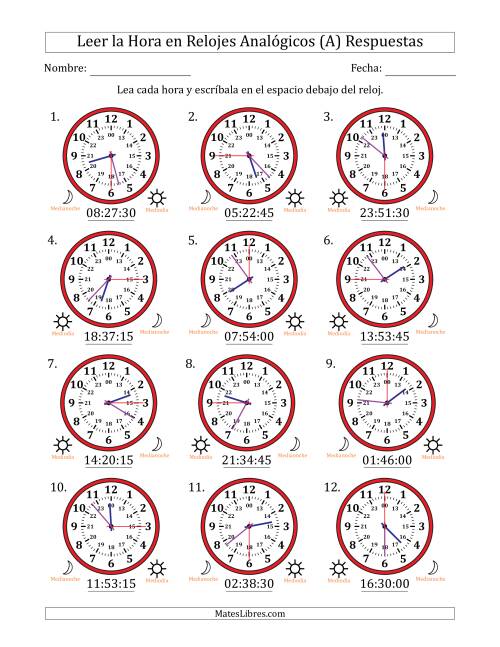 La hoja de ejercicios de Leer la Hora en Relojes Analógicos de 24 Horas en Intervalos de 15 Segundo (12 Relojes) (Todas) Página 2
