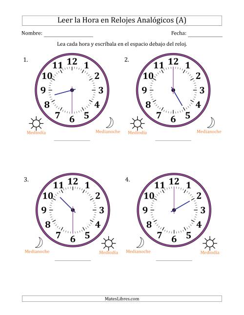 La hoja de ejercicios de Leer la Hora en Relojes Analógicos de 12 Horas en Intervalos de 30 Minuto (4 Relojes Grandes) (A)