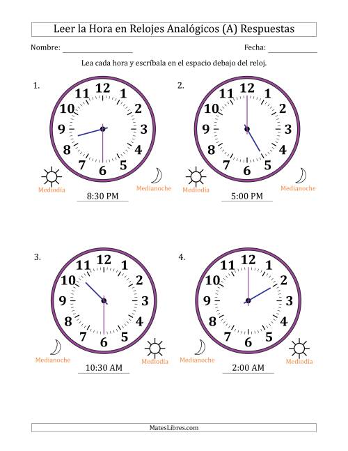 La hoja de ejercicios de Leer la Hora en Relojes Analógicos de 12 Horas en Intervalos de 30 Minuto (4 Relojes Grandes) (A) Página 2