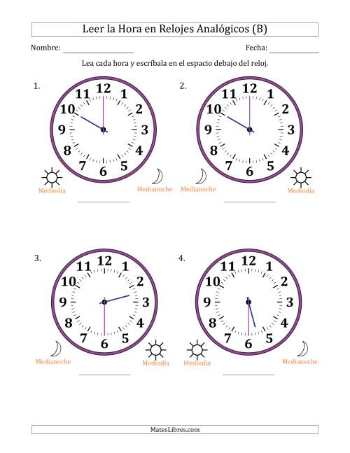 La hoja de ejercicios de Leer la Hora en Relojes Analógicos de 12 Horas en Intervalos de 30 Minuto (4 Relojes Grandes) (B)