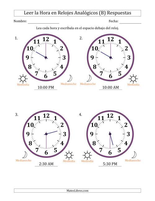 La hoja de ejercicios de Leer la Hora en Relojes Analógicos de 12 Horas en Intervalos de 30 Minuto (4 Relojes Grandes) (B) Página 2