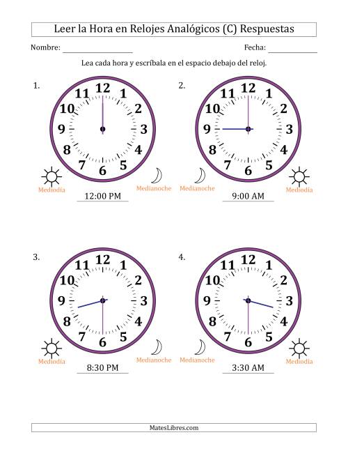 La hoja de ejercicios de Leer la Hora en Relojes Analógicos de 12 Horas en Intervalos de 30 Minuto (4 Relojes Grandes) (C) Página 2