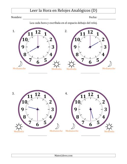 La hoja de ejercicios de Leer la Hora en Relojes Analógicos de 12 Horas en Intervalos de 30 Minuto (4 Relojes Grandes) (D)
