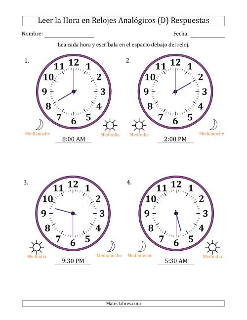 La hoja de ejercicios de Leer la Hora en Relojes Analógicos de 12 Horas en Intervalos de 30 Minuto (4 Relojes Grandes) (D) Página 2