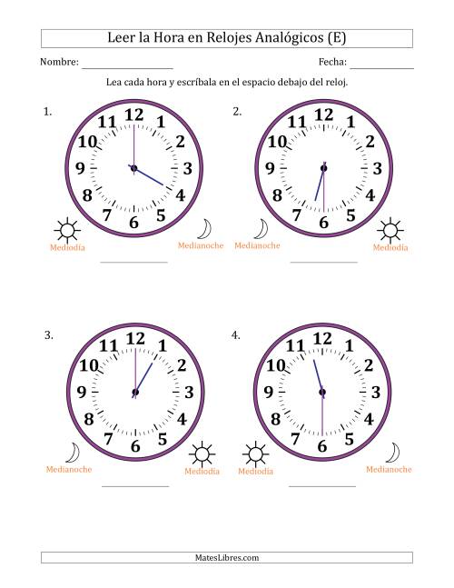 La hoja de ejercicios de Leer la Hora en Relojes Analógicos de 12 Horas en Intervalos de 30 Minuto (4 Relojes Grandes) (E)