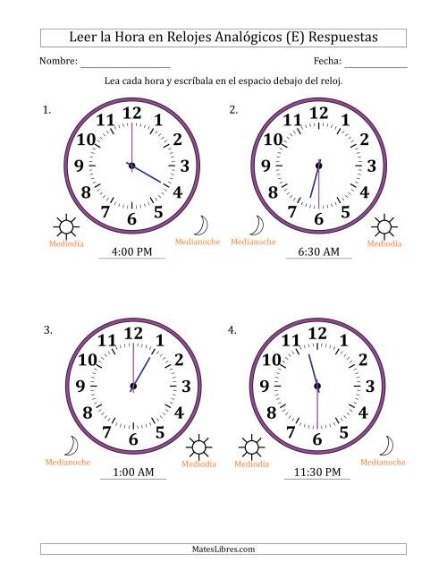 La hoja de ejercicios de Leer la Hora en Relojes Analógicos de 12 Horas en Intervalos de 30 Minuto (4 Relojes Grandes) (E) Página 2