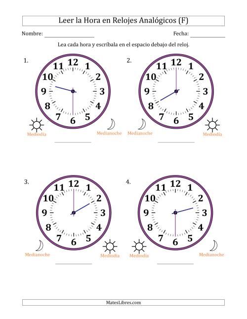 La hoja de ejercicios de Leer la Hora en Relojes Analógicos de 12 Horas en Intervalos de 30 Minuto (4 Relojes Grandes) (F)