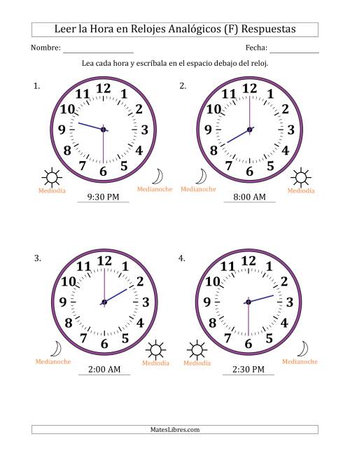 La hoja de ejercicios de Leer la Hora en Relojes Analógicos de 12 Horas en Intervalos de 30 Minuto (4 Relojes Grandes) (F) Página 2