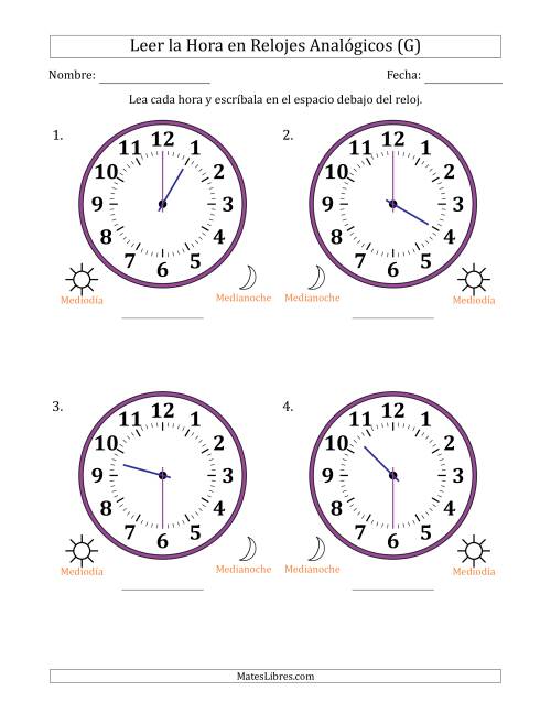 La hoja de ejercicios de Leer la Hora en Relojes Analógicos de 12 Horas en Intervalos de 30 Minuto (4 Relojes Grandes) (G)