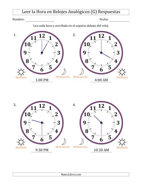 La hoja de ejercicios de Leer la Hora en Relojes Analógicos de 12 Horas en Intervalos de 30 Minuto (4 Relojes Grandes) (G) Página 2