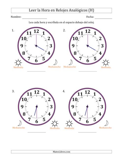 La hoja de ejercicios de Leer la Hora en Relojes Analógicos de 12 Horas en Intervalos de 30 Minuto (4 Relojes Grandes) (H)