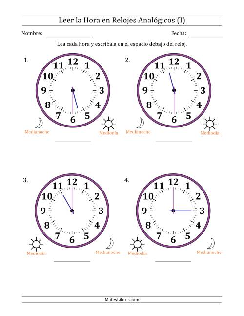 La hoja de ejercicios de Leer la Hora en Relojes Analógicos de 12 Horas en Intervalos de 30 Minuto (4 Relojes Grandes) (I)