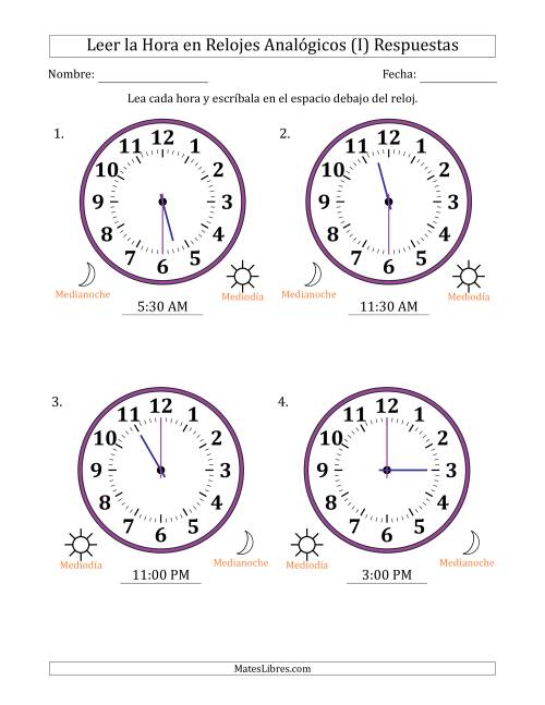 La hoja de ejercicios de Leer la Hora en Relojes Analógicos de 12 Horas en Intervalos de 30 Minuto (4 Relojes Grandes) (I) Página 2