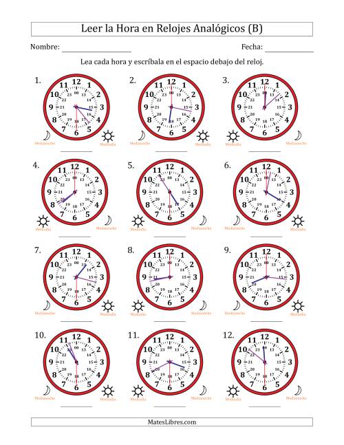 La hoja de ejercicios de Leer la Hora en Relojes Analógicos de 24 Horas en Intervalos de 30 Segundo (12 Relojes) (B)