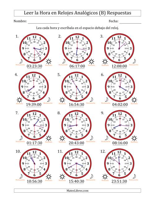La hoja de ejercicios de Leer la Hora en Relojes Analógicos de 24 Horas en Intervalos de 30 Segundo (12 Relojes) (B) Página 2