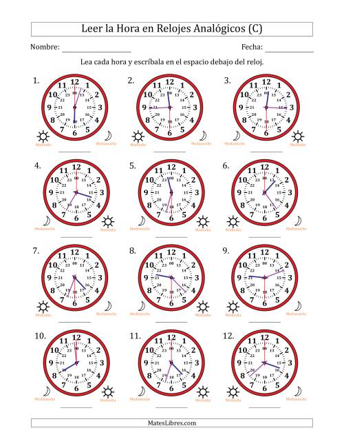 La hoja de ejercicios de Leer la Hora en Relojes Analógicos de 24 Horas en Intervalos de 30 Segundo (12 Relojes) (C)