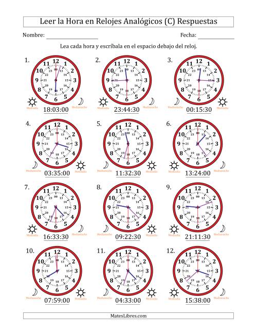 La hoja de ejercicios de Leer la Hora en Relojes Analógicos de 24 Horas en Intervalos de 30 Segundo (12 Relojes) (C) Página 2