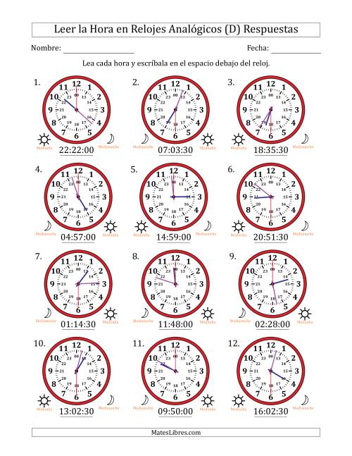 La hoja de ejercicios de Leer la Hora en Relojes Analógicos de 24 Horas en Intervalos de 30 Segundo (12 Relojes) (D) Página 2