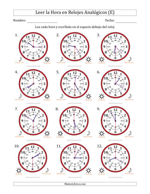 La hoja de ejercicios de Leer la Hora en Relojes Analógicos de 24 Horas en Intervalos de 30 Segundo (12 Relojes) (E)