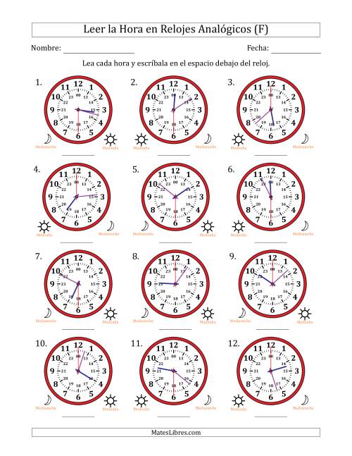 La hoja de ejercicios de Leer la Hora en Relojes Analógicos de 24 Horas en Intervalos de 30 Segundo (12 Relojes) (F)