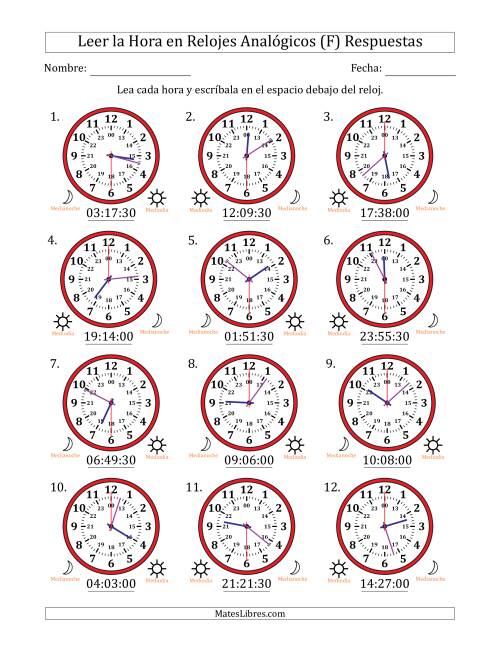 La hoja de ejercicios de Leer la Hora en Relojes Analógicos de 24 Horas en Intervalos de 30 Segundo (12 Relojes) (F) Página 2