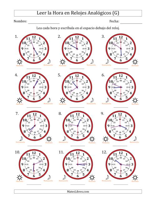 La hoja de ejercicios de Leer la Hora en Relojes Analógicos de 24 Horas en Intervalos de 30 Segundo (12 Relojes) (G)