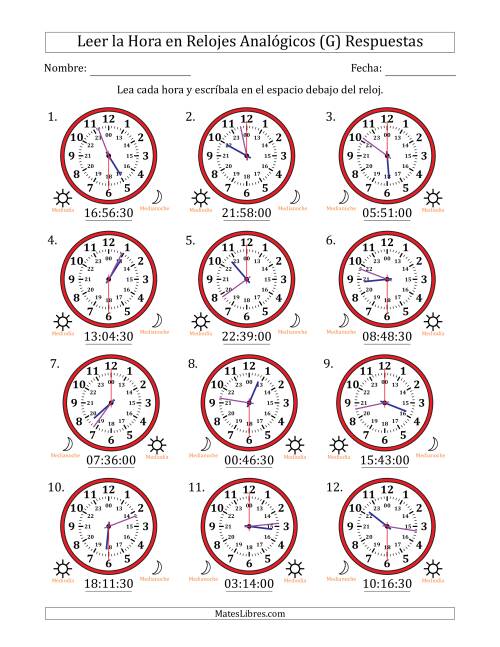 La hoja de ejercicios de Leer la Hora en Relojes Analógicos de 24 Horas en Intervalos de 30 Segundo (12 Relojes) (G) Página 2