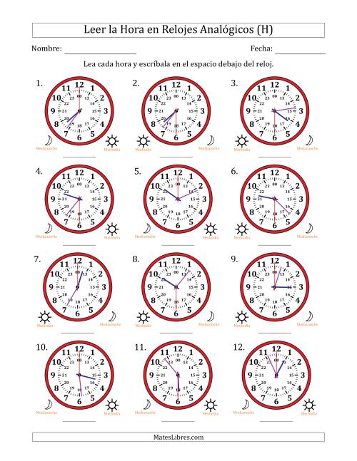La hoja de ejercicios de Leer la Hora en Relojes Analógicos de 24 Horas en Intervalos de 30 Segundo (12 Relojes) (H)