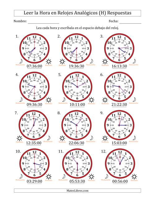 La hoja de ejercicios de Leer la Hora en Relojes Analógicos de 24 Horas en Intervalos de 30 Segundo (12 Relojes) (H) Página 2