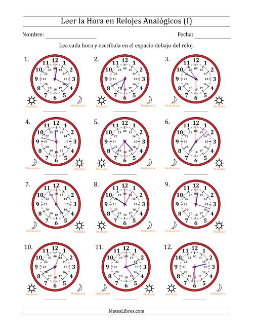 La hoja de ejercicios de Leer la Hora en Relojes Analógicos de 24 Horas en Intervalos de 30 Segundo (12 Relojes) (I)