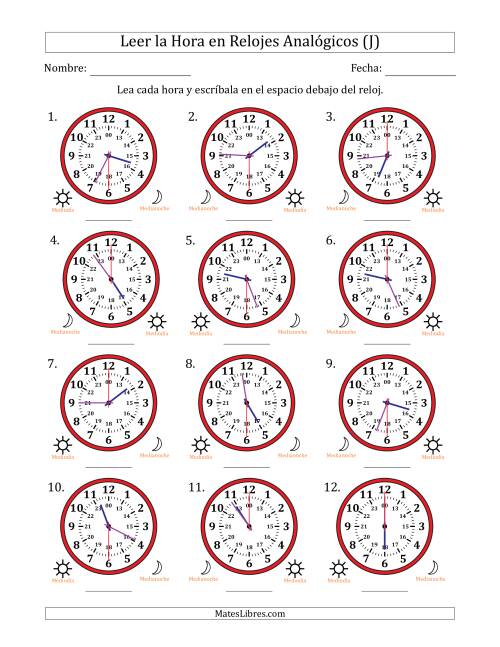 La hoja de ejercicios de Leer la Hora en Relojes Analógicos de 24 Horas en Intervalos de 30 Segundo (12 Relojes) (J)