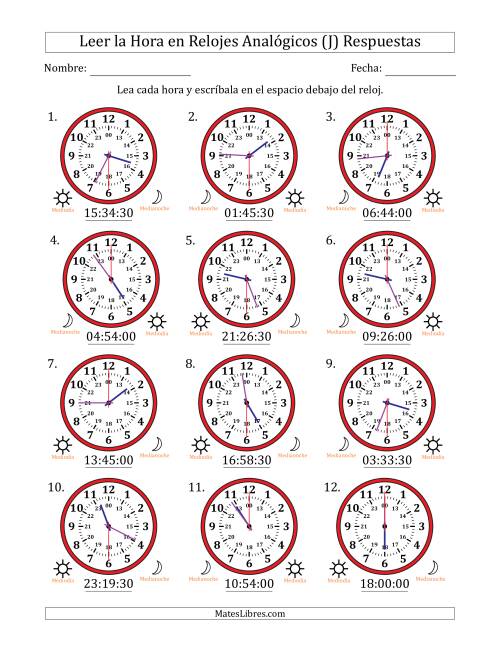 La hoja de ejercicios de Leer la Hora en Relojes Analógicos de 24 Horas en Intervalos de 30 Segundo (12 Relojes) (J) Página 2