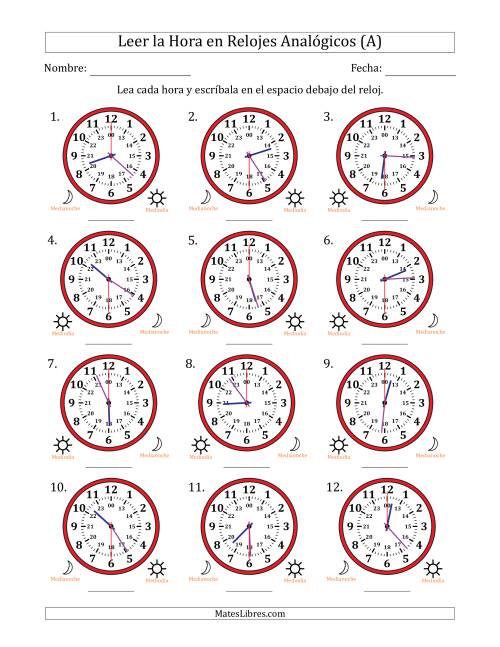 La hoja de ejercicios de Leer la Hora en Relojes Analógicos de 24 Horas en Intervalos de 30 Segundo (12 Relojes) (Todas)