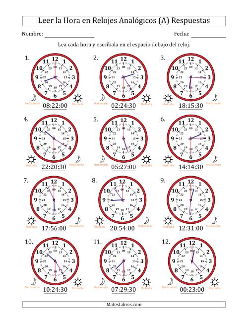 La hoja de ejercicios de Leer la Hora en Relojes Analógicos de 24 Horas en Intervalos de 30 Segundo (12 Relojes) (Todas) Página 2