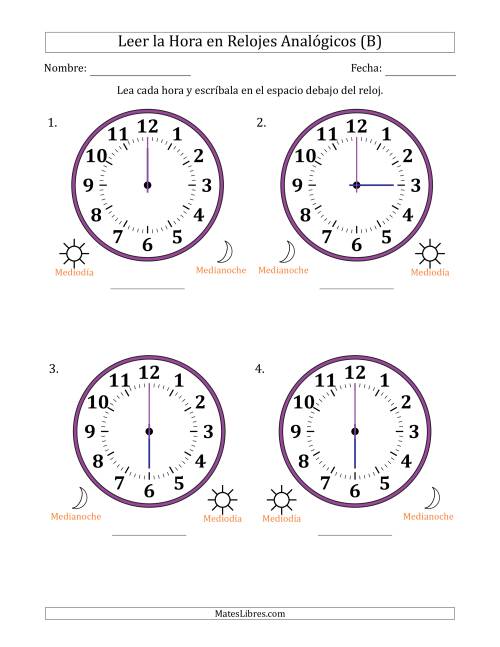 La hoja de ejercicios de Leer la Hora en Relojes Analógicos de 12 Horas en Intervalos de 1 Hora (4 Relojes Grandes) (B)
