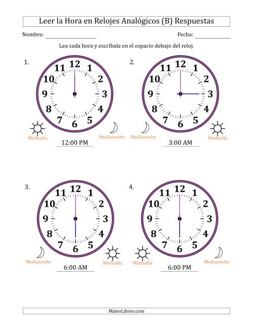 La hoja de ejercicios de Leer la Hora en Relojes Analógicos de 12 Horas en Intervalos de 1 Hora (4 Relojes Grandes) (B) Página 2