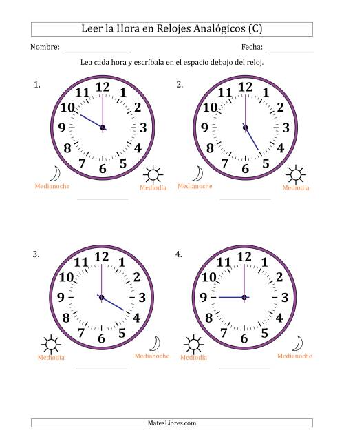 La hoja de ejercicios de Leer la Hora en Relojes Analógicos de 12 Horas en Intervalos de 1 Hora (4 Relojes Grandes) (C)