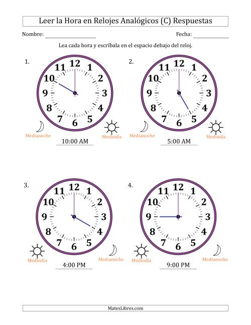 La hoja de ejercicios de Leer la Hora en Relojes Analógicos de 12 Horas en Intervalos de 1 Hora (4 Relojes Grandes) (C) Página 2
